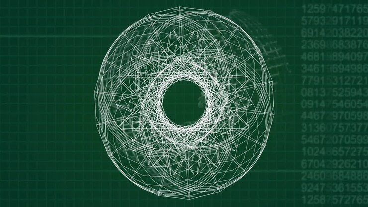 Geometric wireframe sphere animation over green background with numerical data