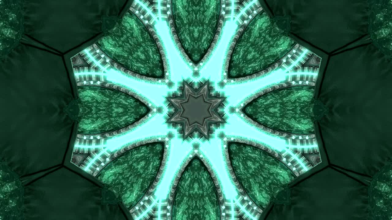 Looped Abstract neon ornate decorative background. 3d Neon kaleidoscope or mandala.