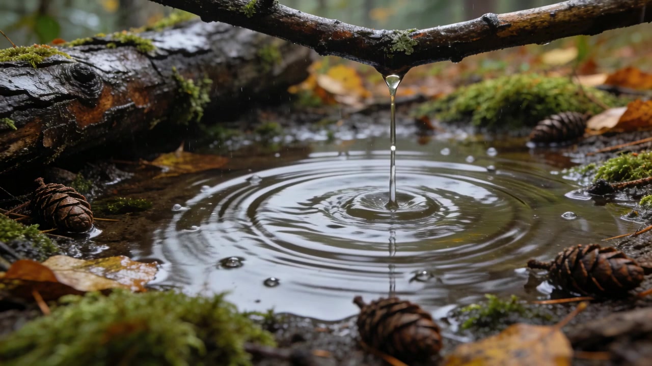 Dripping thin limb dropping droplet from rain on forest floor, forming water column and ripples