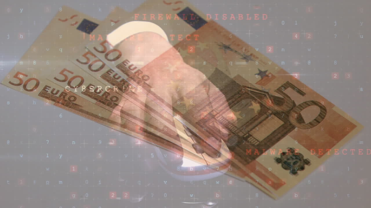 animación de números cambiantes y alerta de virus a mano con el ratón y los billetes en euros