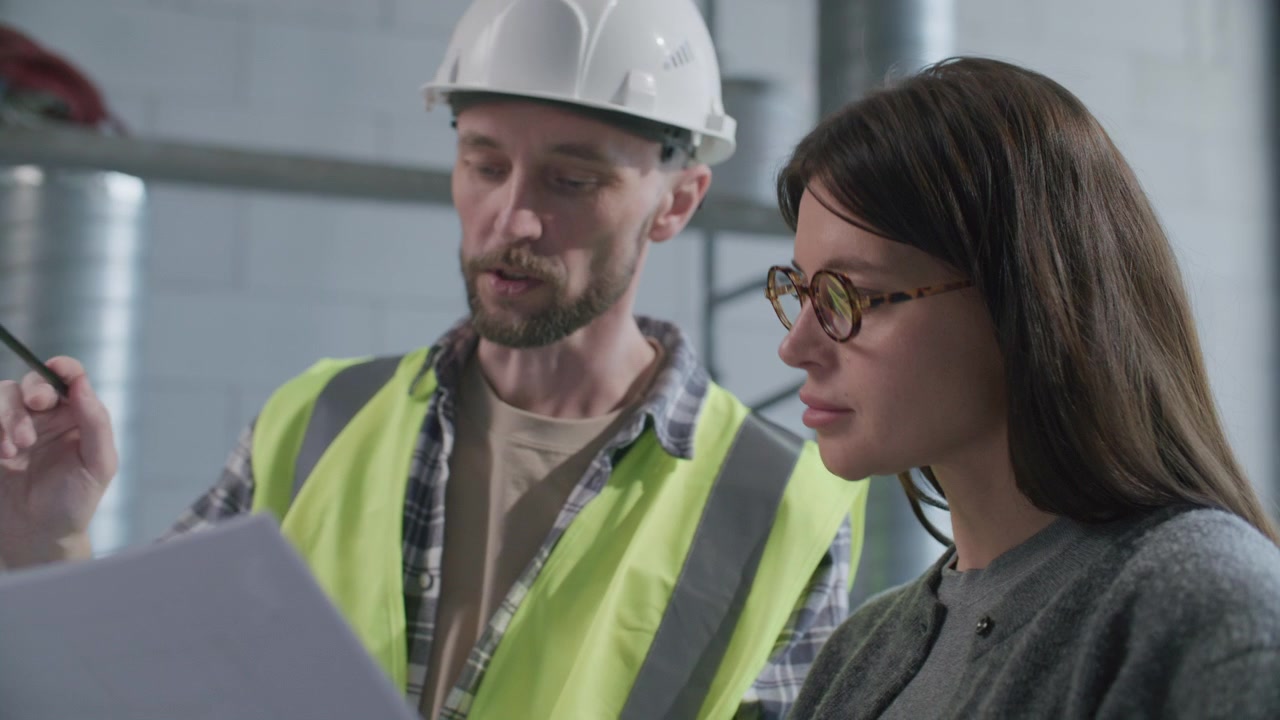 Foreman Explaining Floor Plan to Female Property Owner on Building Site
