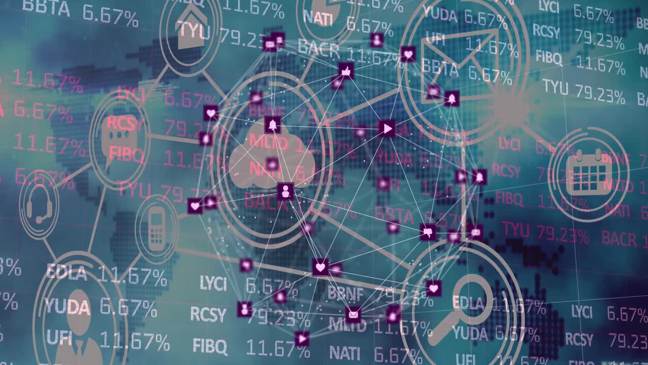 composición digital de la red de iconos de conexiones que se mueven contra el procesamiento de datos del mercado de valores