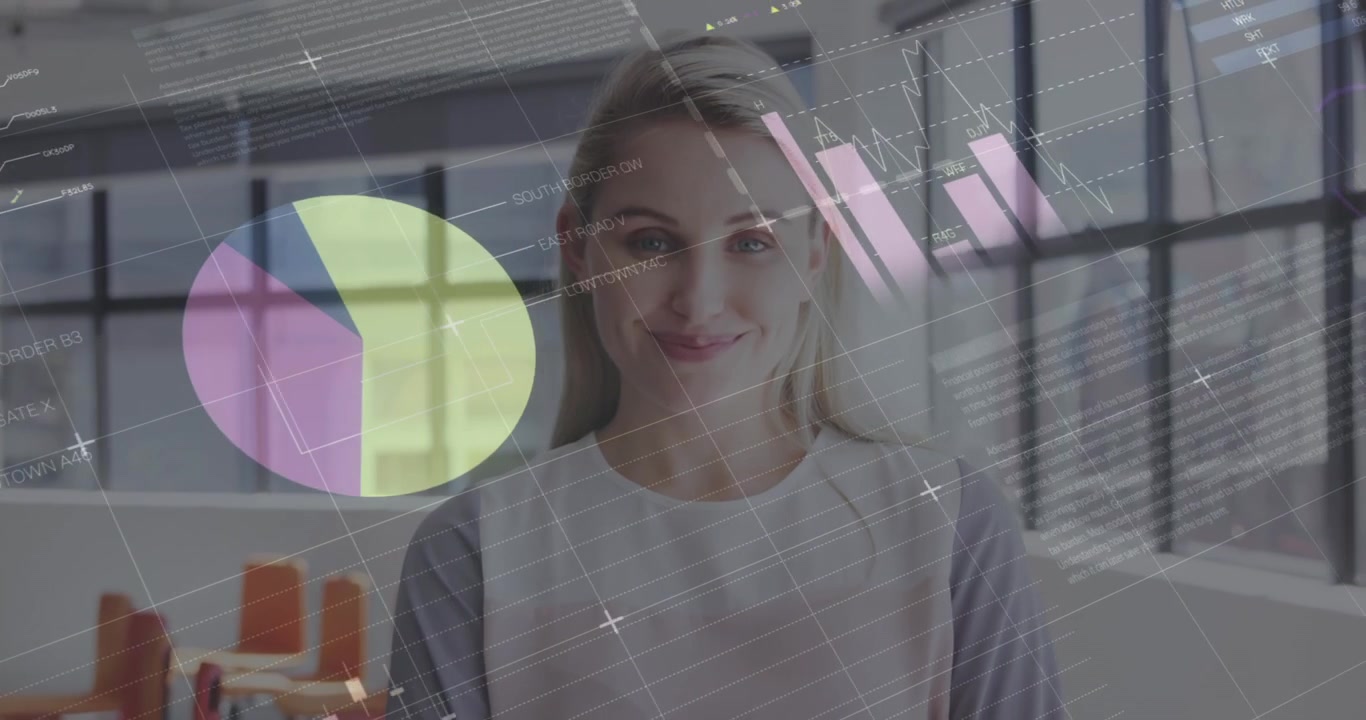 Animation of data processing over caucasian businesswoman smiling
