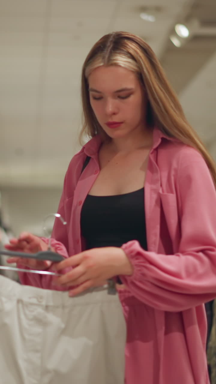 hermosa dama de ropa rosa recupera un par de pantalones cortos marrones, comprobándolos en sí misma de cerca, la ropa de época está dispuesta en un estante detrás de ella, y la tienda está bien organizada
