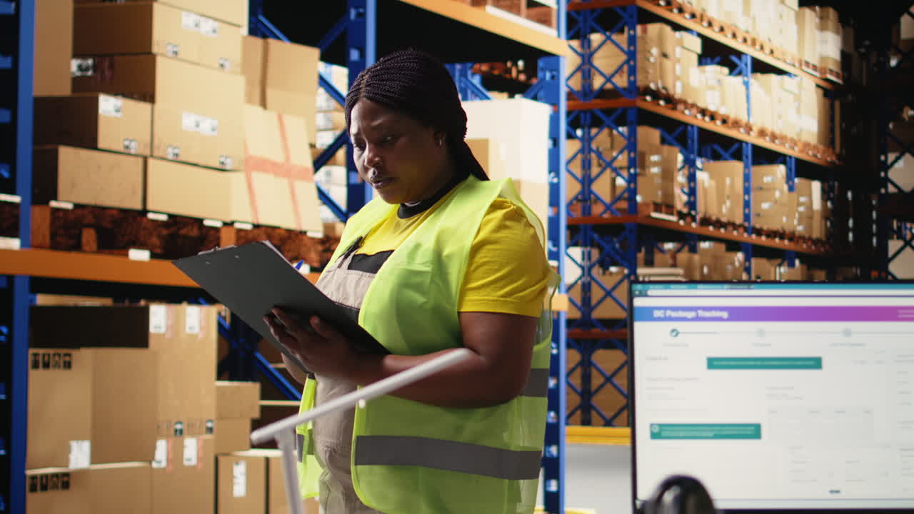 Vertical Video Black female worker verifying awb labels on files for inventory control,