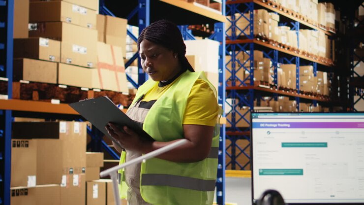 Vertical Video Black female worker verifying awb labels on files for inventory control,