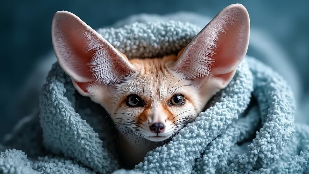 A fennec fox sleeping in a blanket on a blue background