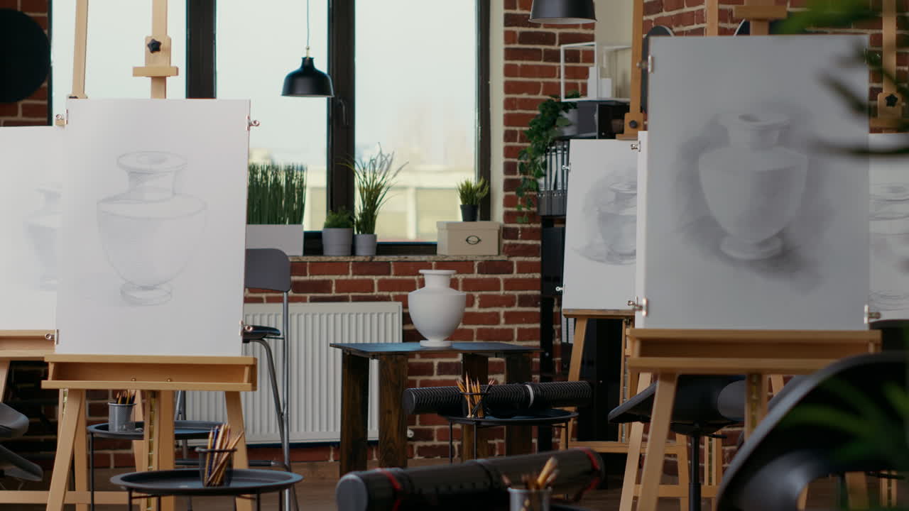 Nobody in empty space decorated with artistic equipment