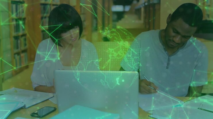 Study partners typing on laptop and writing notes after glancing notebook as green overlay pulsing