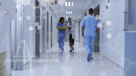 animation of data processing and chemical formula over diverse doctors walking and talking