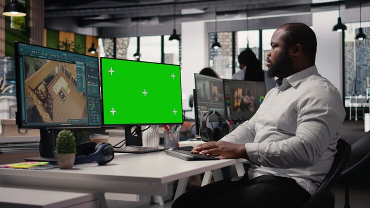 Greenscreen og arkitektursoftware på dobbeltskærme i kreativt bureau