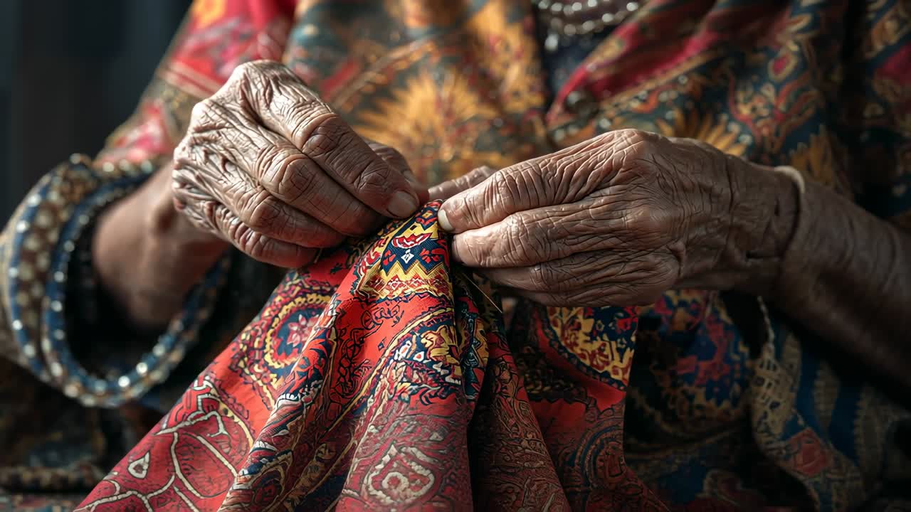 Positioning needle, senior woman's hands mending red patterned textile at home, wearing sari