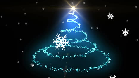 animación digital de copos de nieve moviéndose sobre una estrella fugaz formando un árbol de navidad