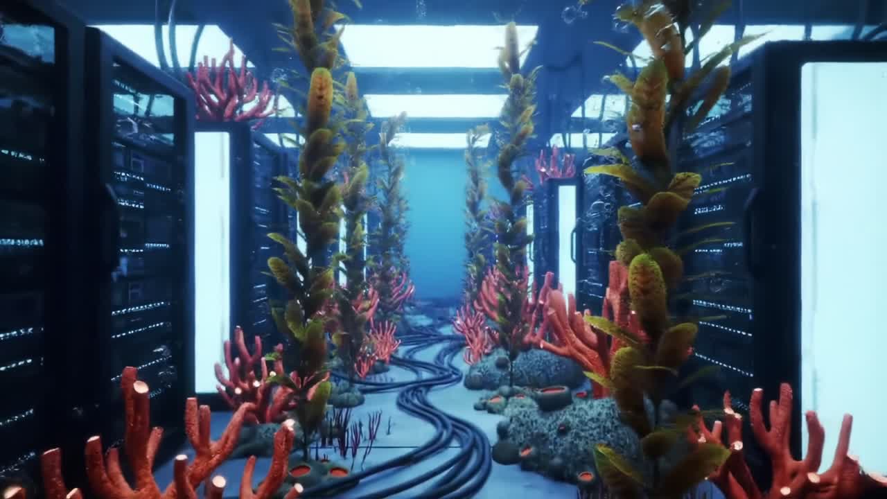A Stunning Underwater Scene of Coral and Seaweed Amongst Server Racks, Blending Technology with Nature's Beauty in a Surreal Digital Landscape