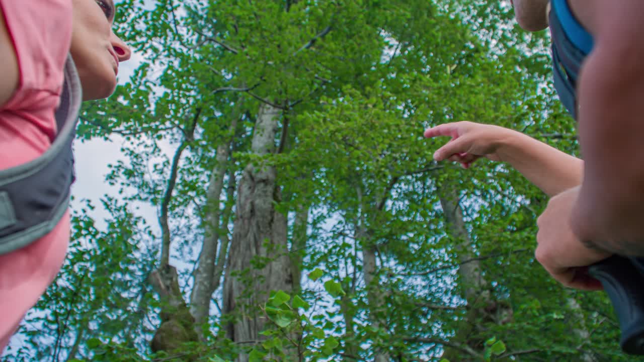 Caucasian couple hikers admiring the famous Najevska Linden Tree a veteran tree