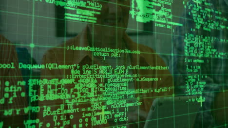 Elderly woman using tablet with green digital grid overlay animation