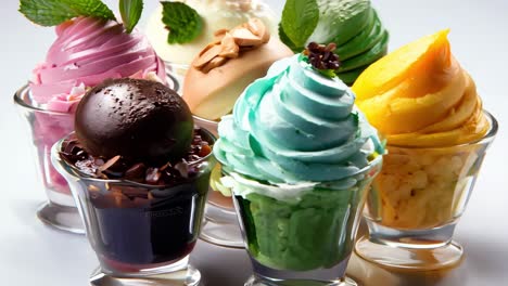 colorful assortment of ice cream cups displayed on a white surface