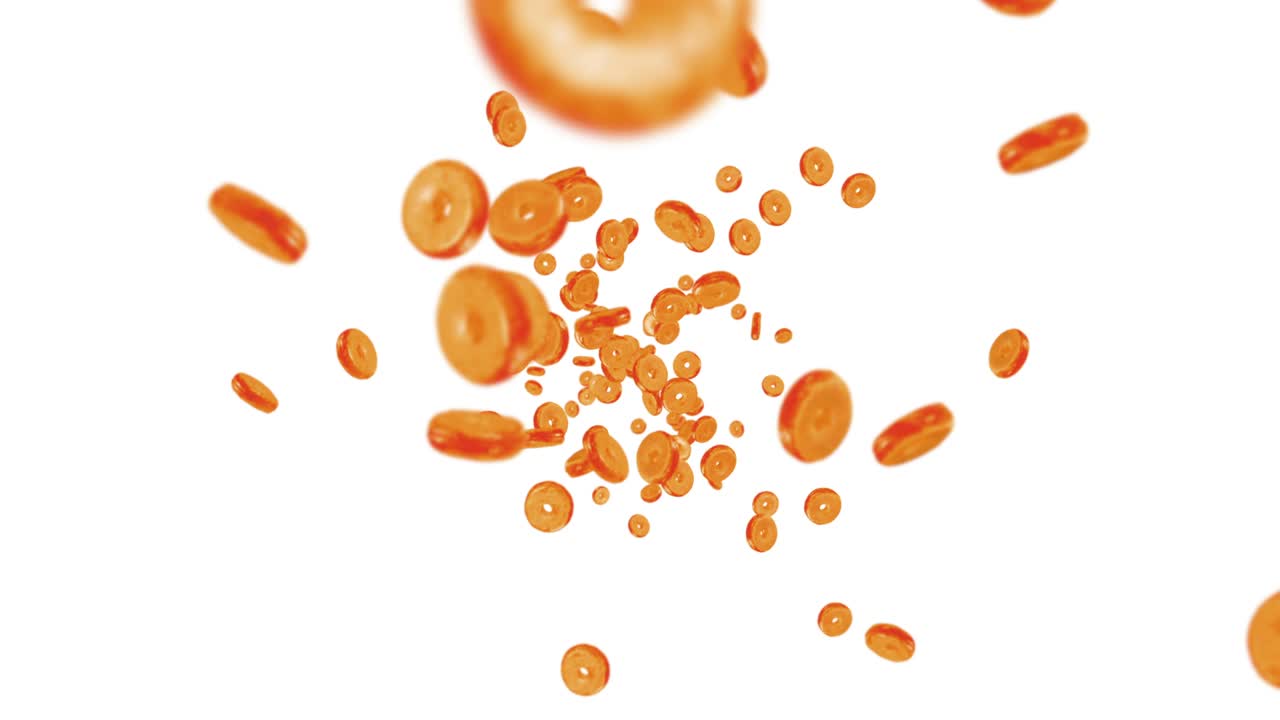 색 배경에 많은 평평한 도을 날아. 도 케이크, 과자, 디저트. 도 회전의 3d 애니메이션. 루프 애니메이션.