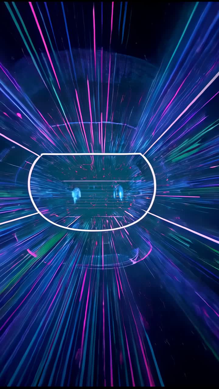 Video verticale: contorno di un corridoio al neon che si muove attraverso un tunnel fantascientifico, con strisce di luce in crescita