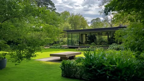 a modern house surrounded by lush green grass and trees