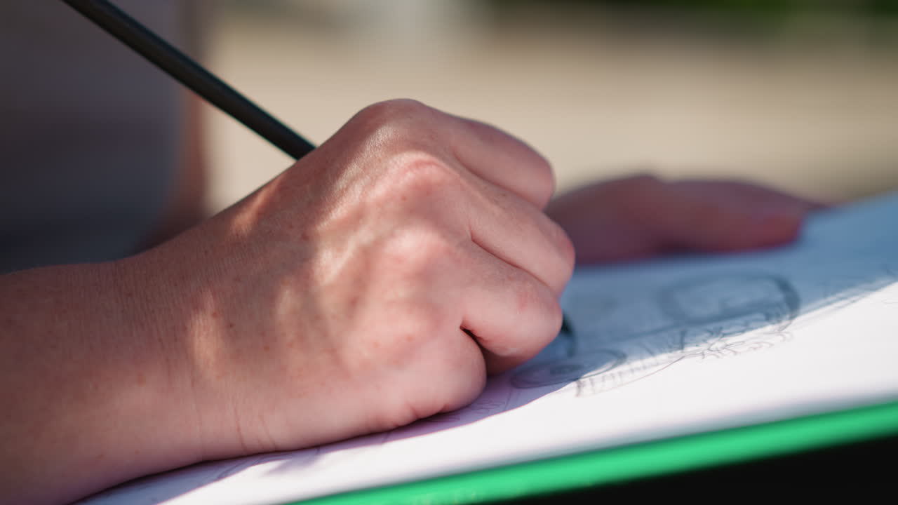 Close up of artist hand sketching car drawing on white paper outdoors, soft sunlight and motion blur highlighting creative process, concentration, and gentle rhythm of artistic expression