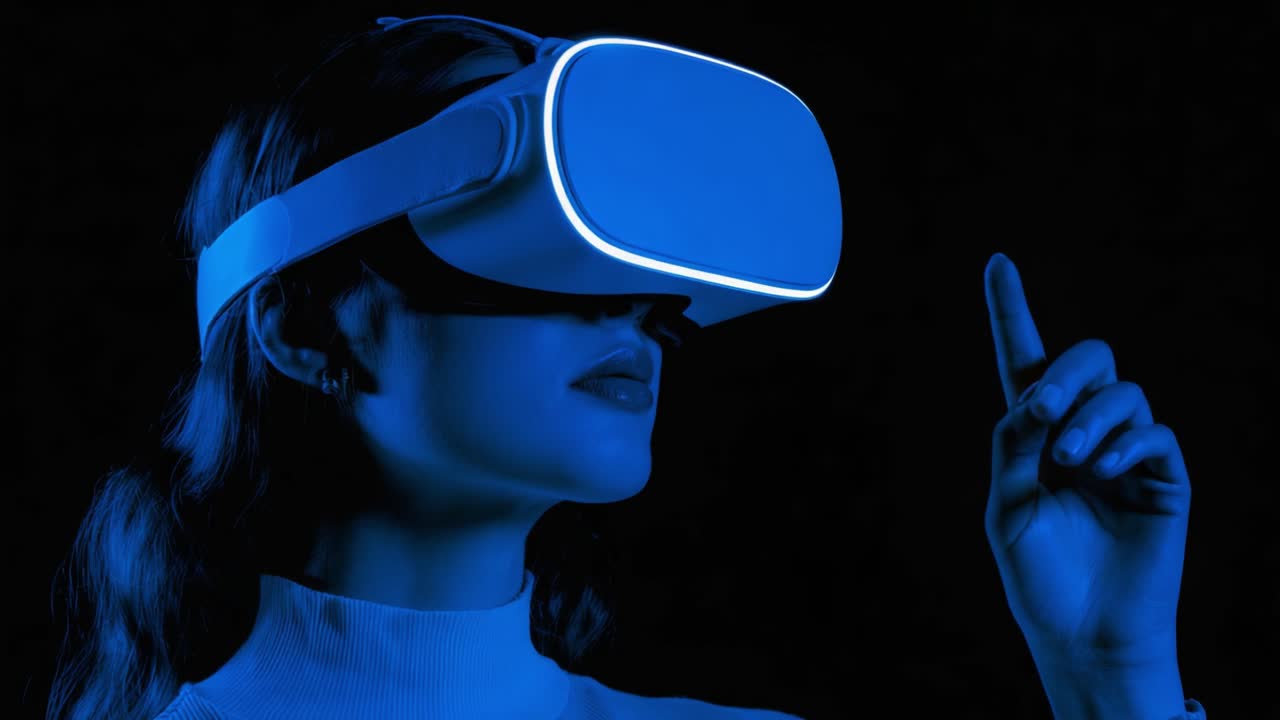 A woman immersed in a captivating virtual reality experience, wearing a glowing VR headset that illuminates her face with a striking blue hue against a dark background