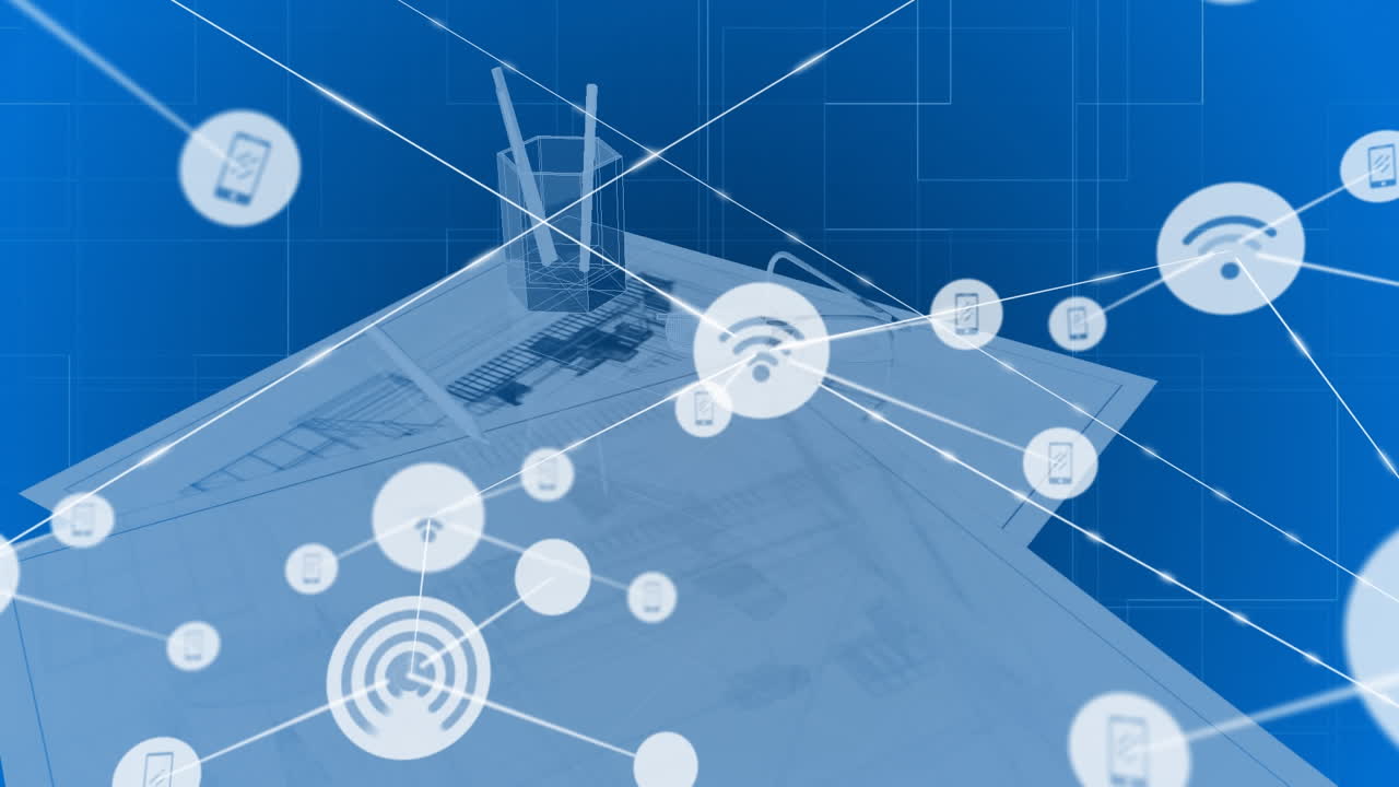계획과 함께 건축가의 책상 위에 아이콘과 연결 네트워크의 애니메이션