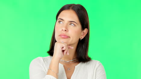 cara, mujer y pensando en ideas en la pantalla verde