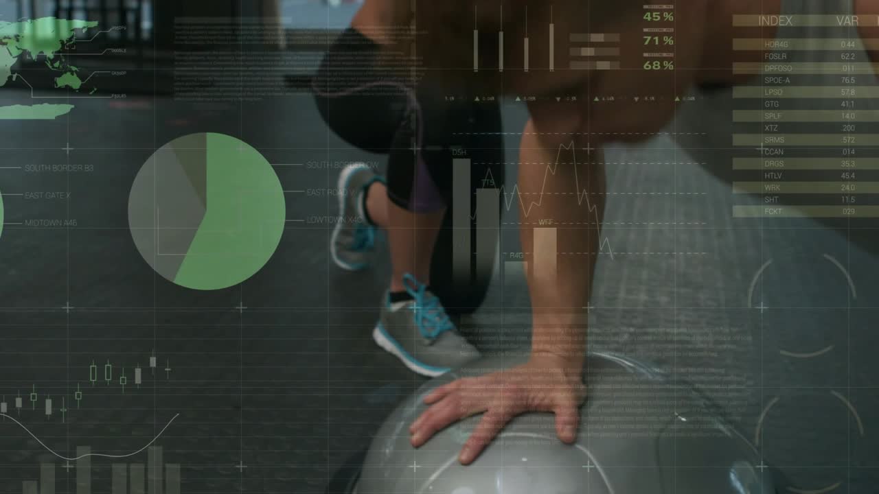 Woman fitness coach using mic, starting HUD to check form, trainee doing pushups on stability ball