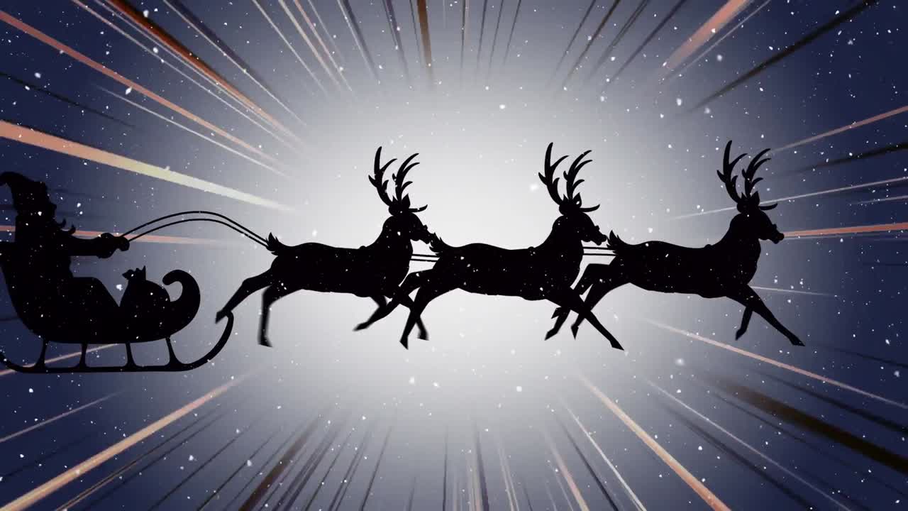 анимация снега, падающего над санта-клаусом в санях с оленями на красочном фоне