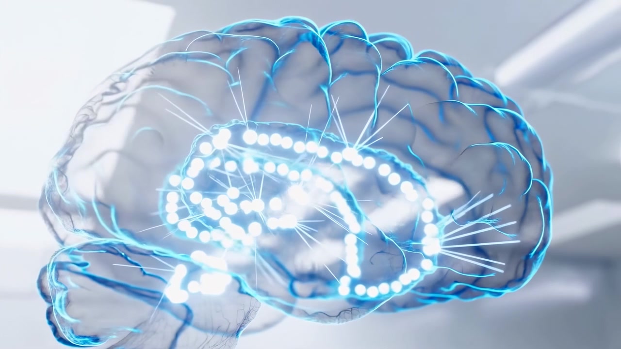 Close lateral view of translucent human brain model with glowing neural ring, bright central activation, visible cortical folds, and cool clinical lighting