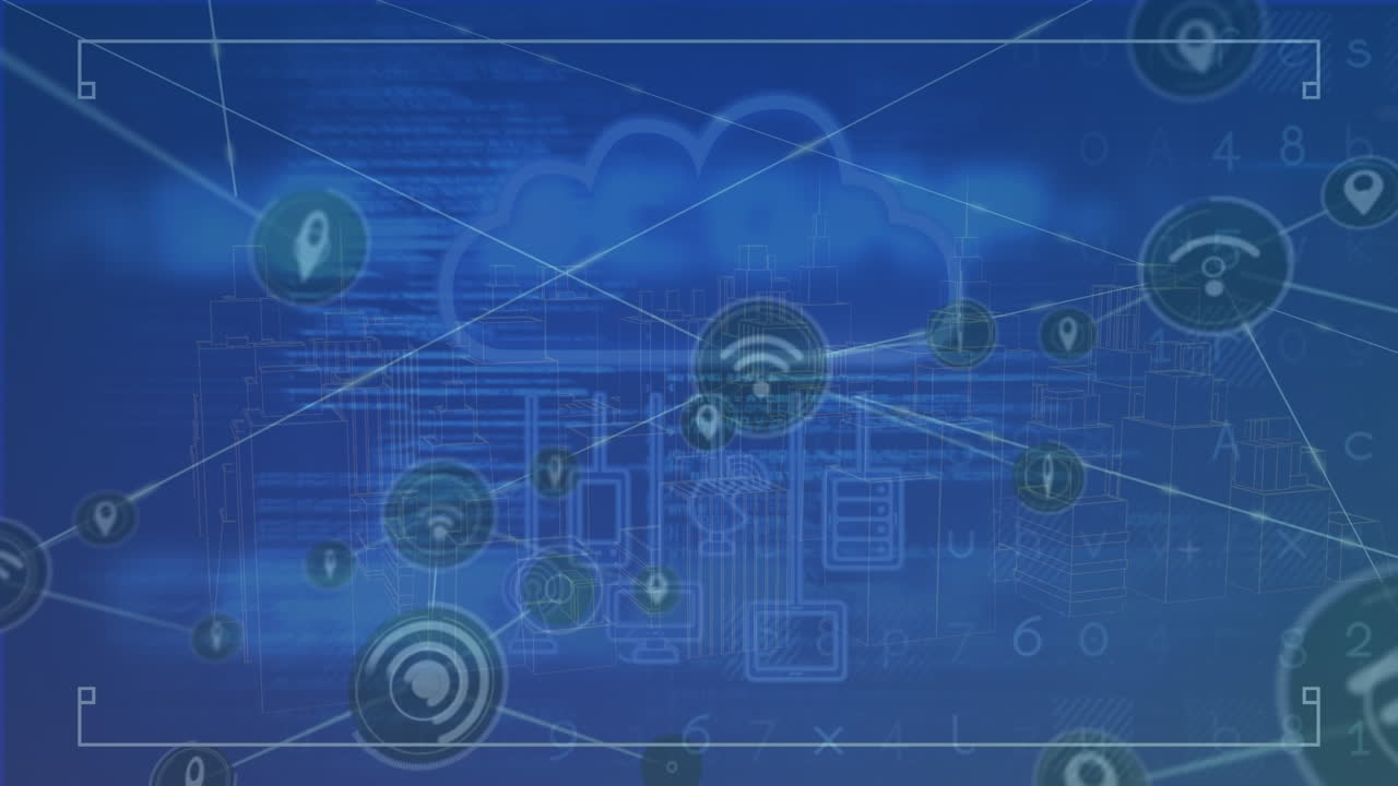 Animation of wi-fi and gps interconnecting with lines over cloud with multiple icons and data