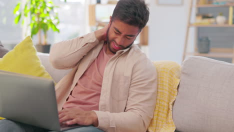 Neck,-pain-and-man-in-home-with-laptop