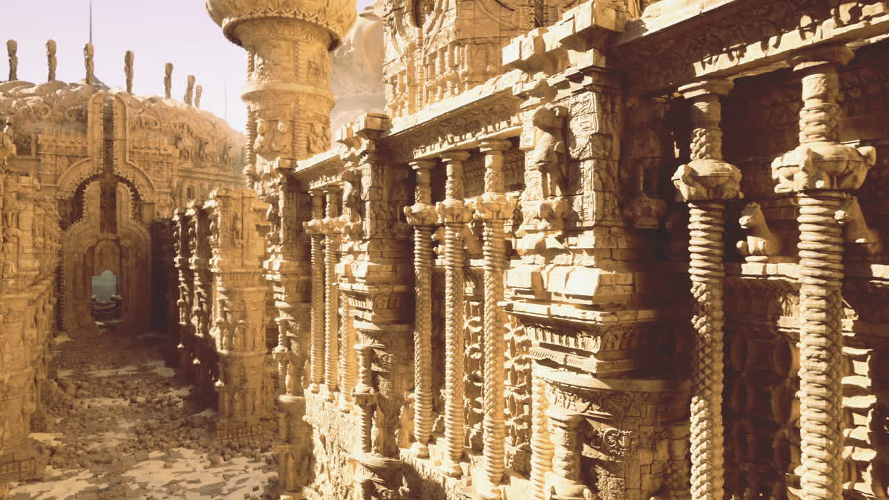 Ancient architecture showcasing intricate stone carvings in a desert location