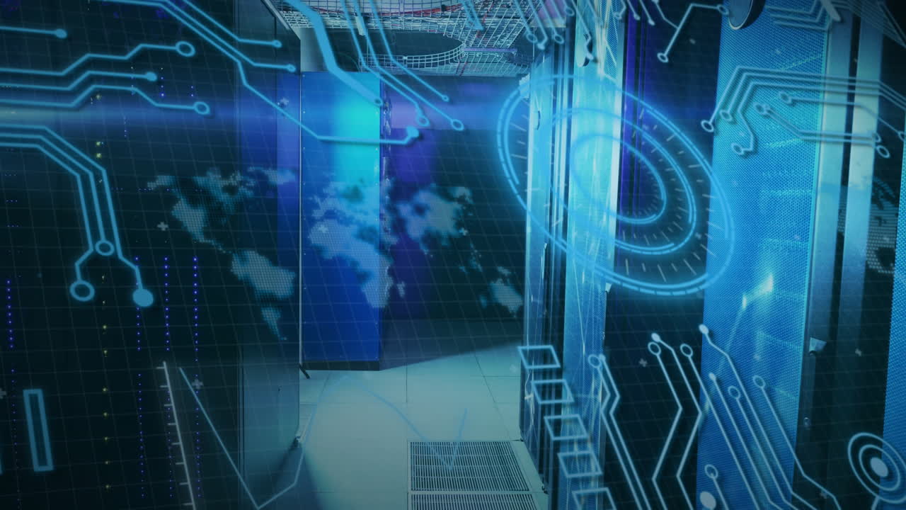 animación de circuitos digitales y mapas del mundo a través de servidores de centros de datos