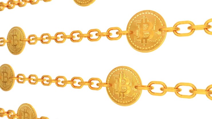 Bitcoin d'oro, concetto di tecnologia bancaria per transazioni Blockchain - Animazione di sfondo in movimento 4K con loop continuo