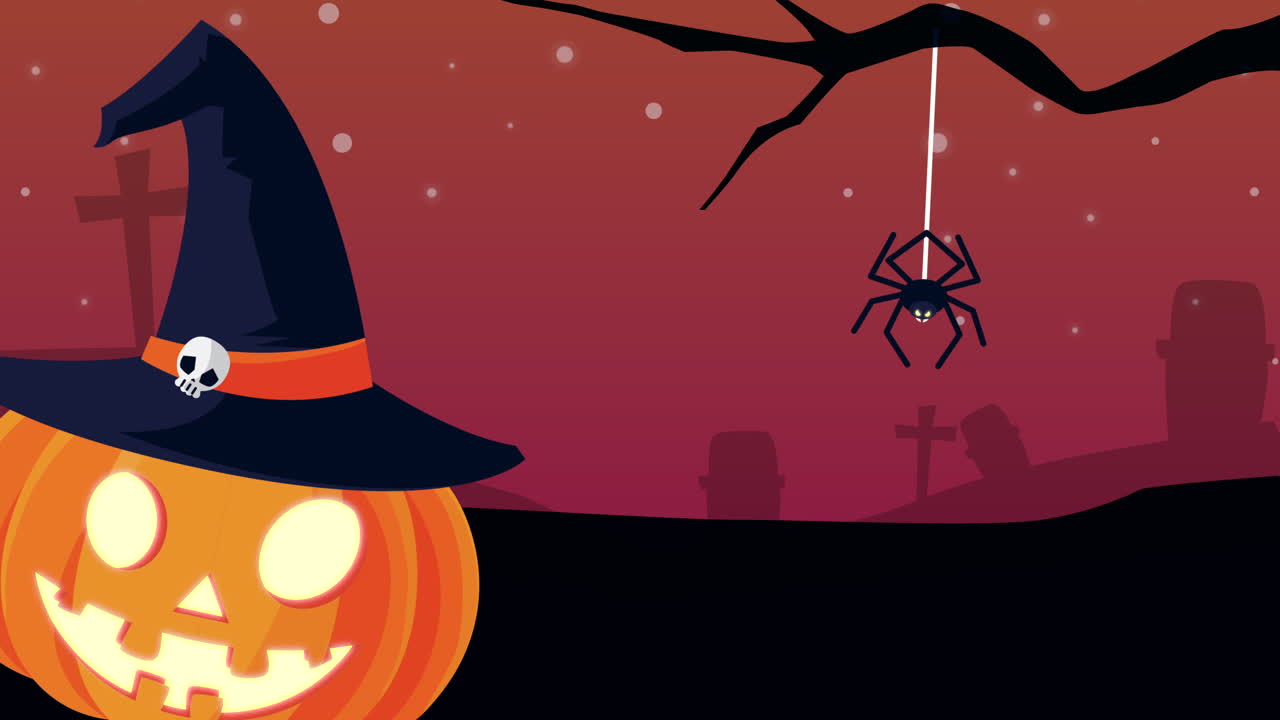 Zucca di Halloween spettrale con cappello da strega e ragno