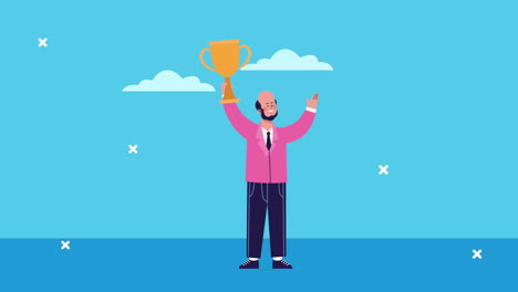 hombre de negocios levantando trofeo personaje animado