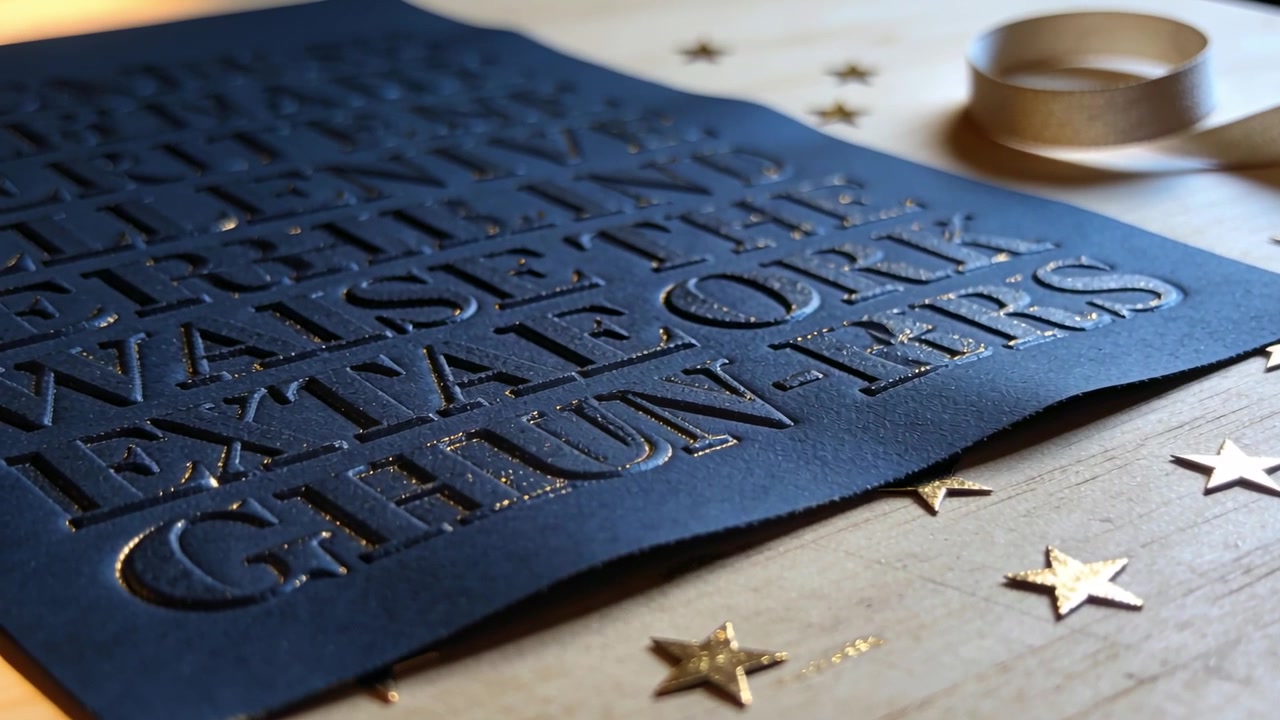 Sliding camera toward navy card revealing embossed letters on table, highlighting gold glitter