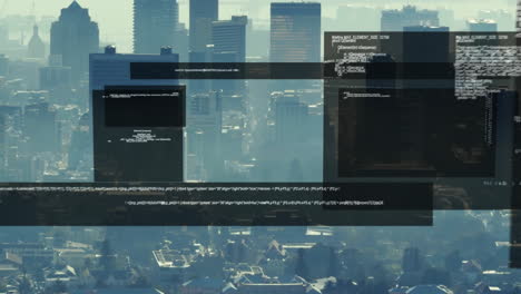 glitch effect animation over cityscape with skyscrapers and buildings