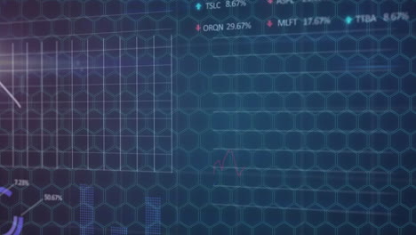 datos del mercado de valores y gráficos de animación sobre el fondo de la cuadrícula hexagonal