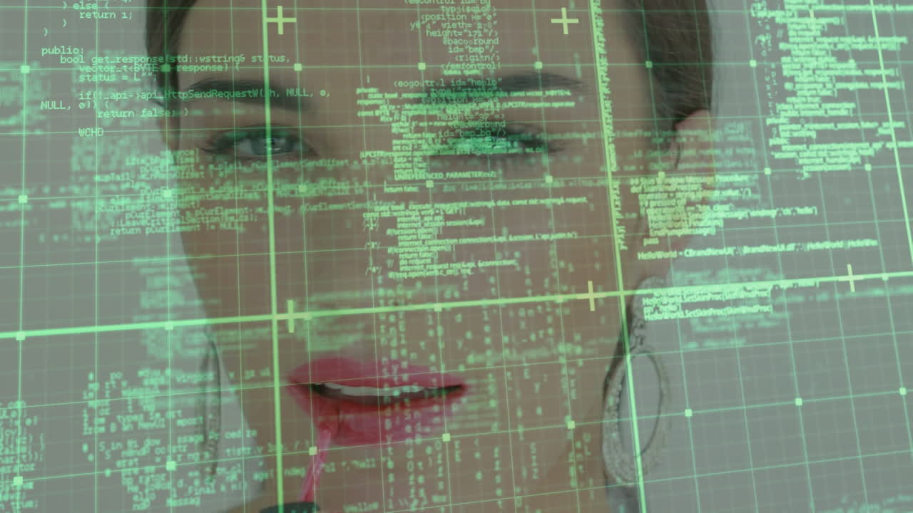 animación de procesamiento de datos sobre la cara de una mujer caucásica en maquillaje