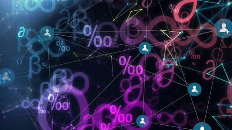 Web of connections against mathematical symbols moving