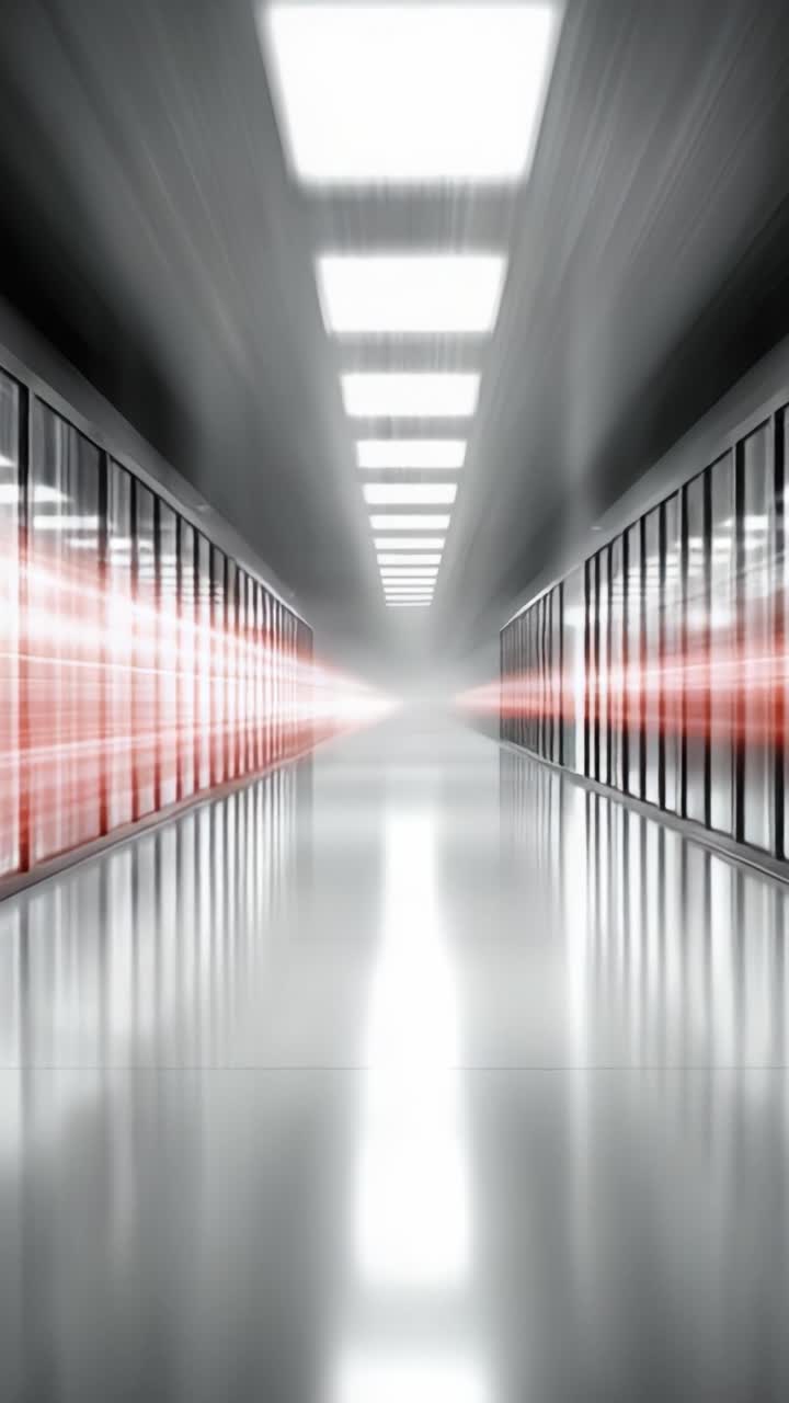 Un corridoio di data center futuristico: catturando l'essenza dell'infrastruttura high-tech con un'estetica snella e un'illuminazione dinamica.