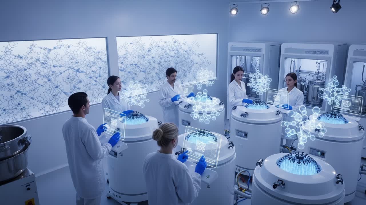 Advanced Laboratory Collaboration: Scientists Engaged in Molecular Research and Visualization in a High-Tech Environment Focused on Innovation and Discovery