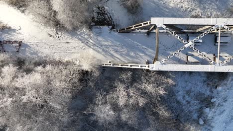 vista de pájaro de una vía ferroviaria abandonada en el puente sobre el río que se dirige al bosque, aérea
