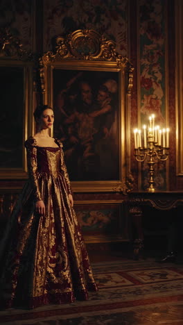 woman in 17th/18th-century dress in an ornate palace