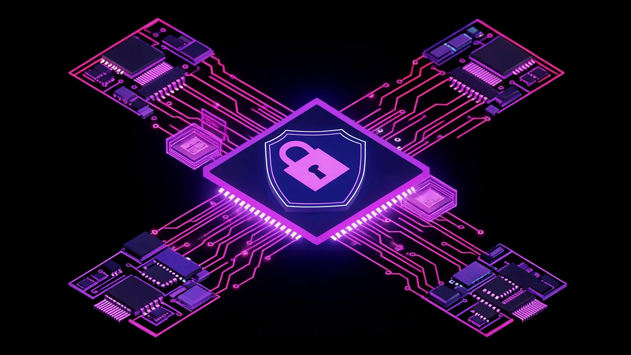 Cybersecurity Shield Protecting Digital Network with Glowing Circuit Boards