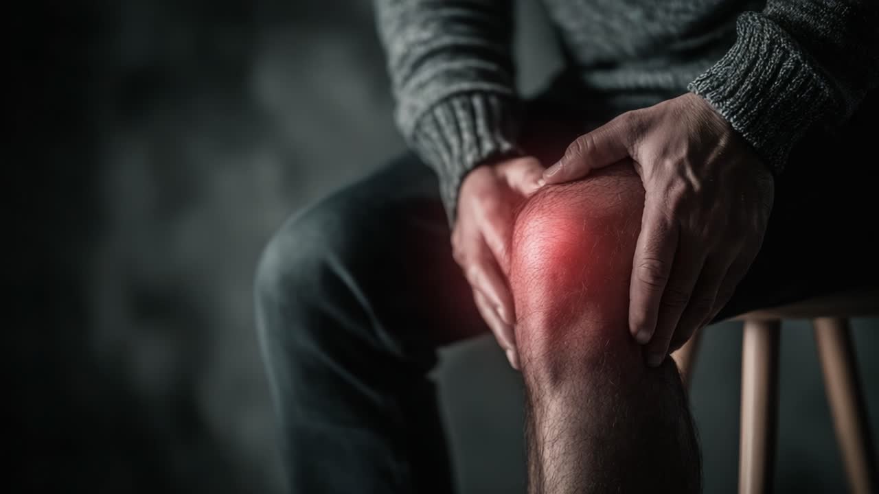 A close-up of a person's knee showing discomfort and pain, highlighting the chronic knee issues often faced by individuals due to various factors such as injury, arthritis, or age-related degeneration