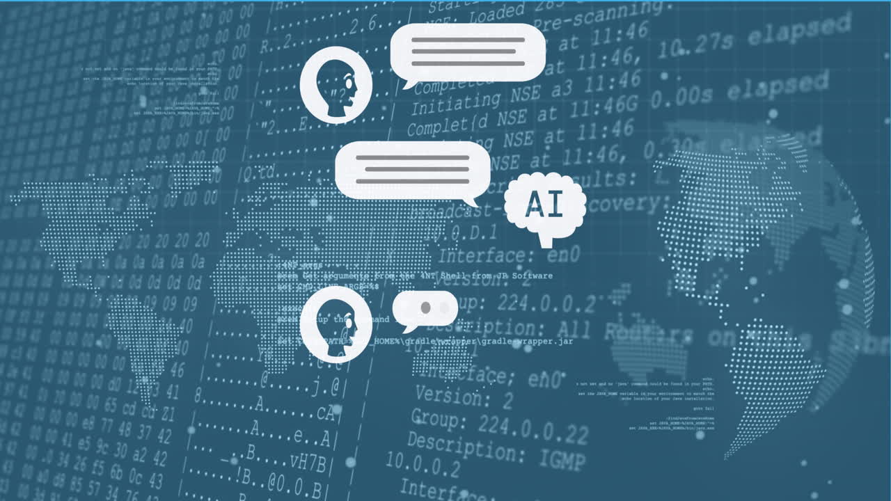 Animation of ai text and icon, data processing over globe and world map